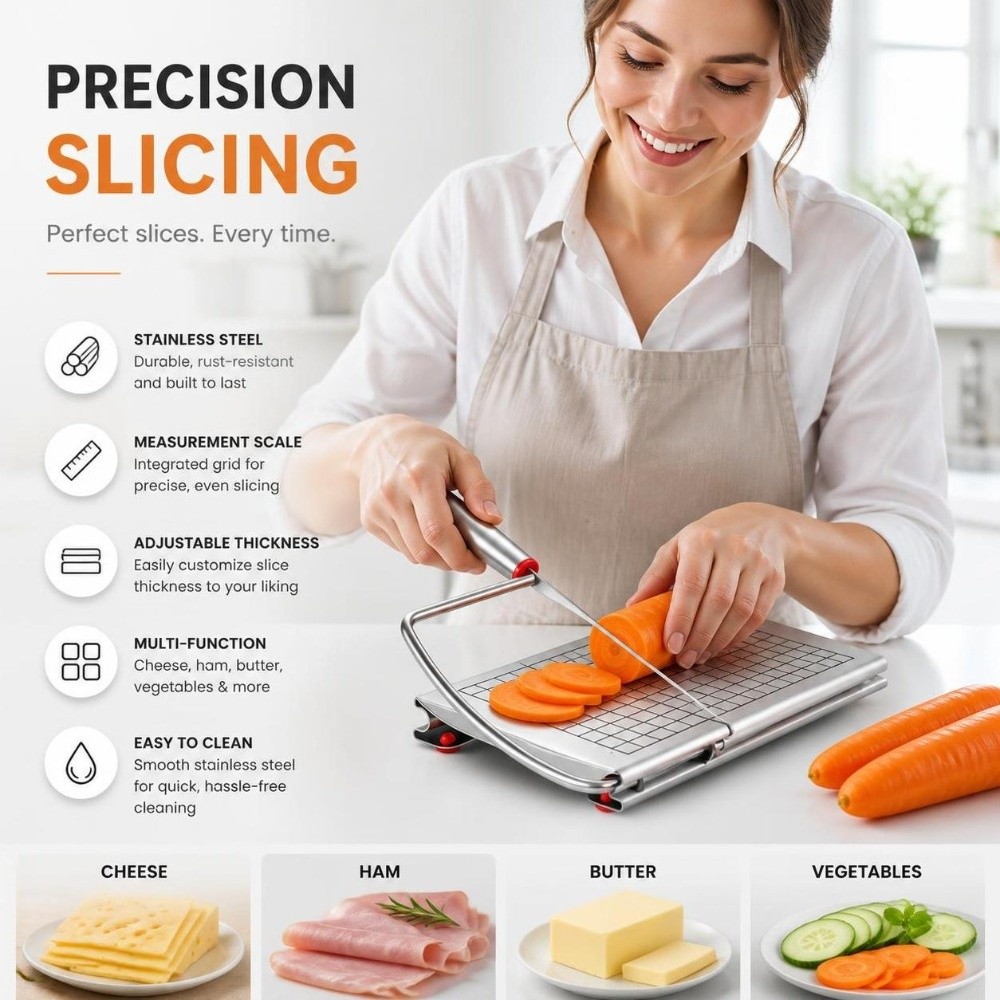 Kitchen Gadgets Wirecutter - ที่ตัดชีสสแตนเลสแบบปรับได้ พร้อมสายตัดชีสที่ใช้งานง่ายและมีสเกลวัด สำหรับใช้ในครัว