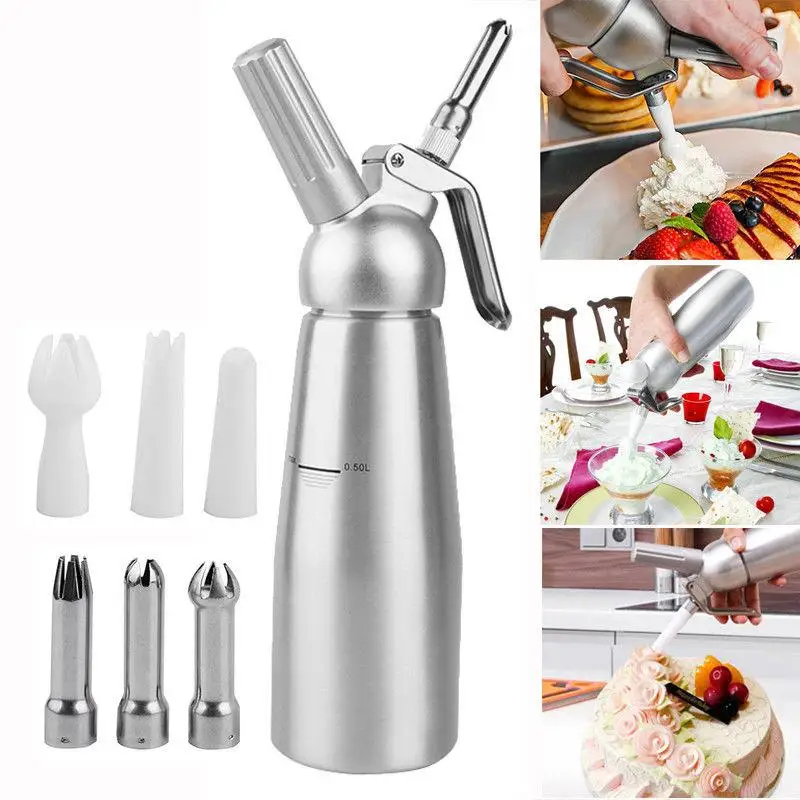 Kitchen Gadgets Under 500 - ปืนอะลูมิเนียมครีมพกพาขนาด500/1000มล. ปืนเครื่องหยอดครีมทำวิปปิ้งครีมแบบแชนทิลลี + หัวฉีด