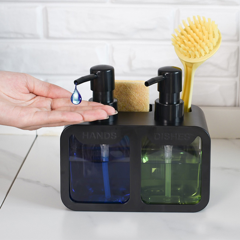 Kitchen Gadgets Dispenser Brush Holder - ชุดเครื่องจ่ายสบู่ล้างมือและสบู่ล้างจานในครัว, เครื่องจ่ายสบู่คู่พร้อมที่วางฟองน้ำและที่วางแปรง, ชั้นวางของ 3-in-1, เหมาะสำหรับเคาน์เตอร์อ่างล้างจานในครัว, อุปกรณ์ครัวที่ใช้งานได้จริง