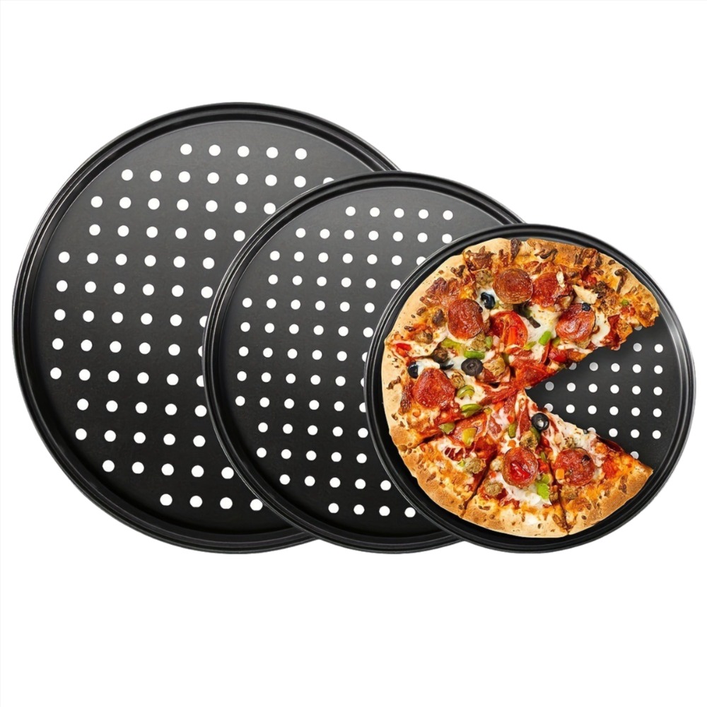 Pizza Stone Baking - ชุดถาดพิซซ่าเหล็กคาร์บอนแบบมีรู ไม่ติดกระทะ อเนกประสงค์ ขนาด 9/10/11/12/14 นิ้ว
